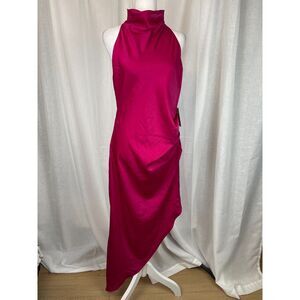 Melloday Fuchsia High-Neck Asymmetrical Dress – Size XL